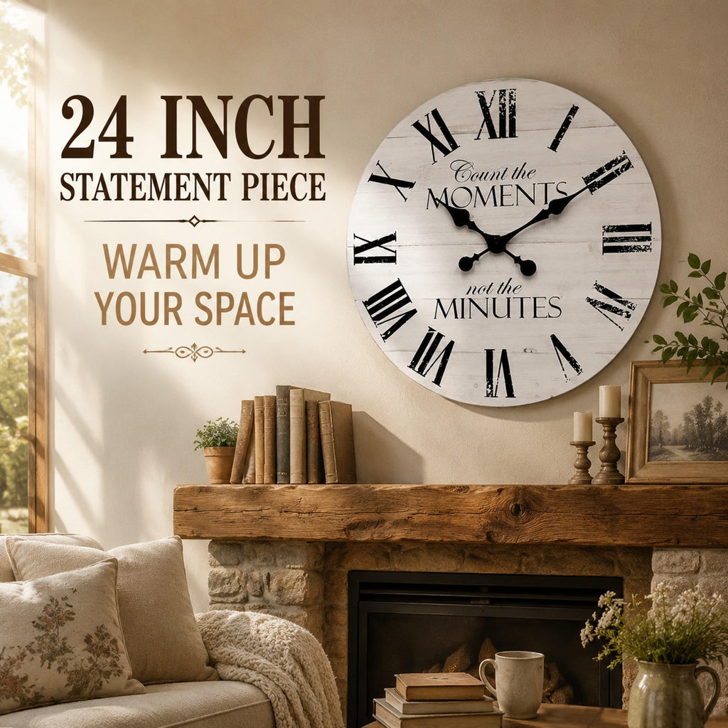 24 Inch Inspirational Farmhouse Wall Clock, Silent Non-Ticking, White Distressed Shiplap Wood, Battery Operated
