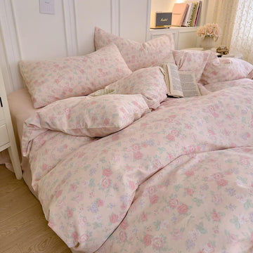 Pink Rose Floral Duvet Cover Set Queen Cotton Double-Layer Gauze