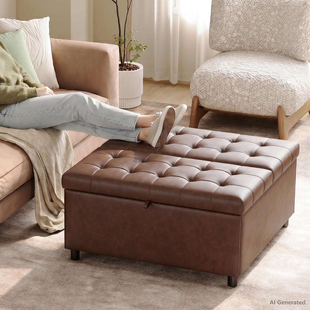 Brown Leather 36 Inch Extra Large Lift Top Living Room Storage Ottoman | Tufted Upholstered Shoe Storage Entry Bench