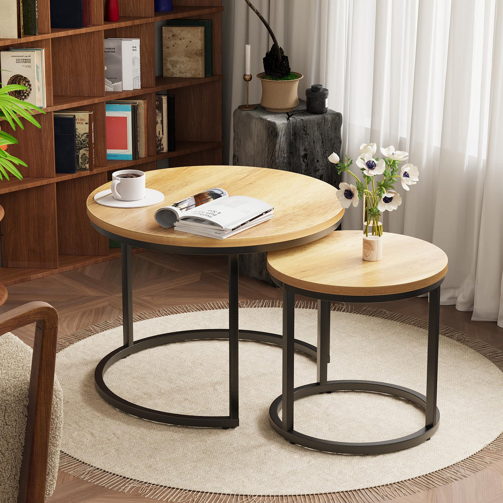Nesting Coffee Set of 2, 23.6" Round Coffee Brown Wood with Adjustable Non-Slip Feet, Industrial End Side Tables