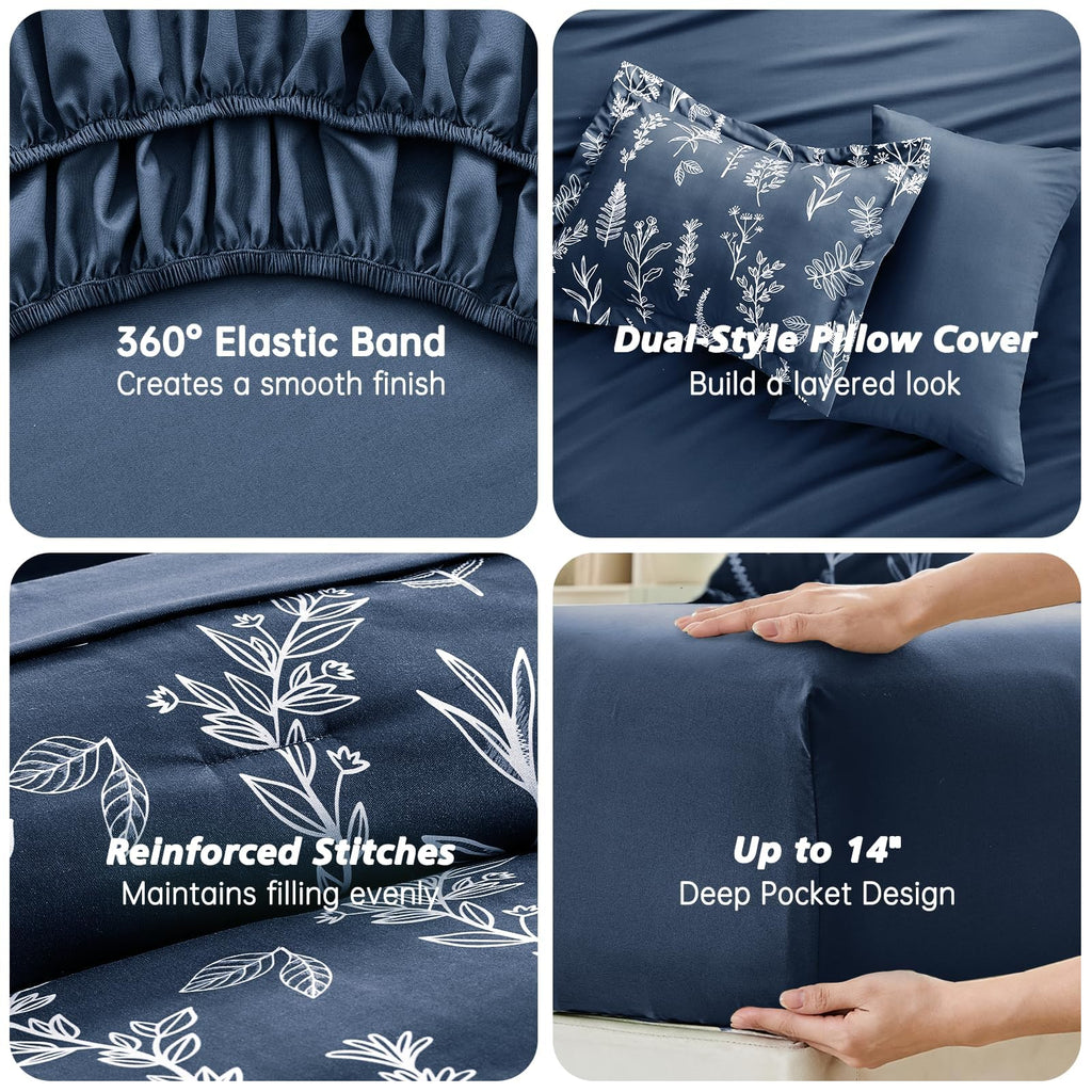 Oversized Comforter Set, 7-Piece Floral Bed in a Bag, Navy Blue