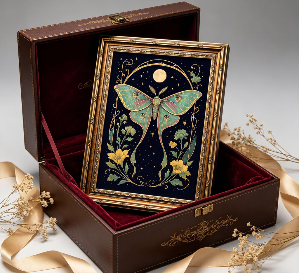 Vintage Gold Framed Dark Academy Luna Moth Wall Art, Celestial Moon Butterfly Flower Canvas Print Poster, Mystical