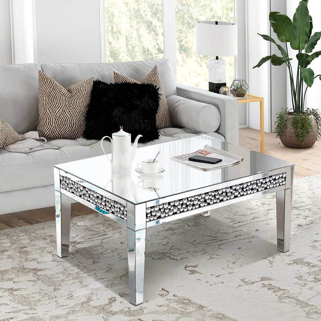 Rectangle Mirrored Coffee Table, Silver Living Room Table with Cryatal Diamond Inlay, Modern Luxury Mirrored