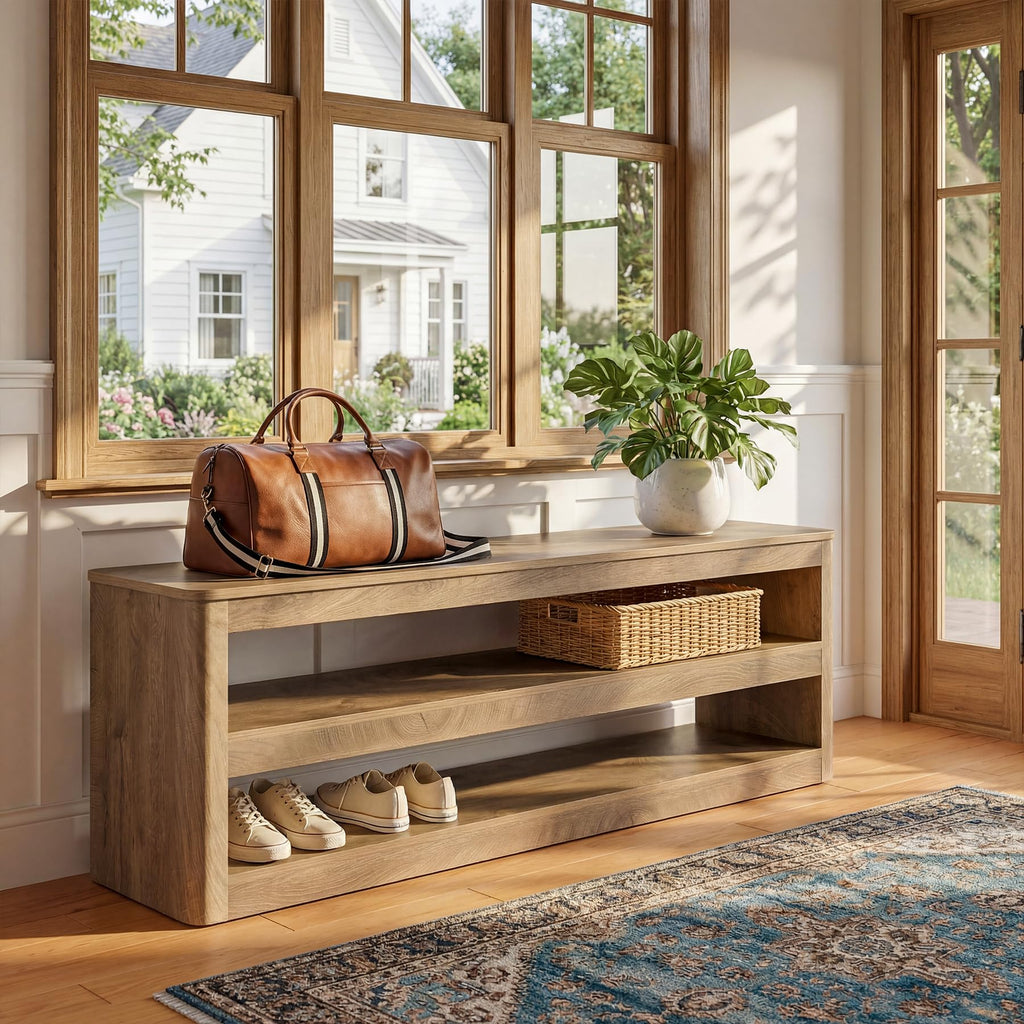 55" Farmhouse Entryway Bench, 3-Tier Open Storage Shoe Bench with Rounded Corners, Wood Look Indoor End of Bed Seat