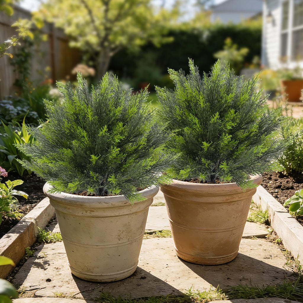 24" Artificial Cedar Topiary Bush with Ground Spike, 2 Pack
