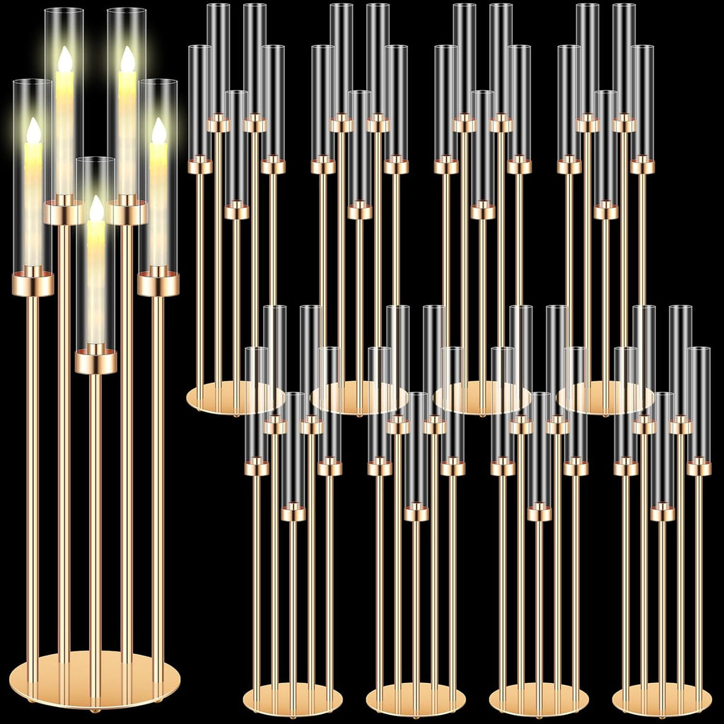 8 Pcs Acrylic Candelabra Centerpieces 35" Tall Clear Candle Holders Pillar Taper Candlestick with Lampshades 5 Arm