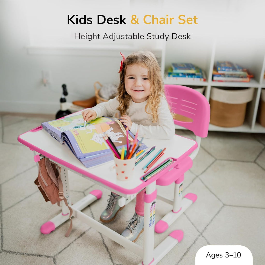 Kids Desk and Chair Set, Height Adjustable Sturdy, Girl Desk, Child Study Desk and Chair Set for Boys, Table for Art