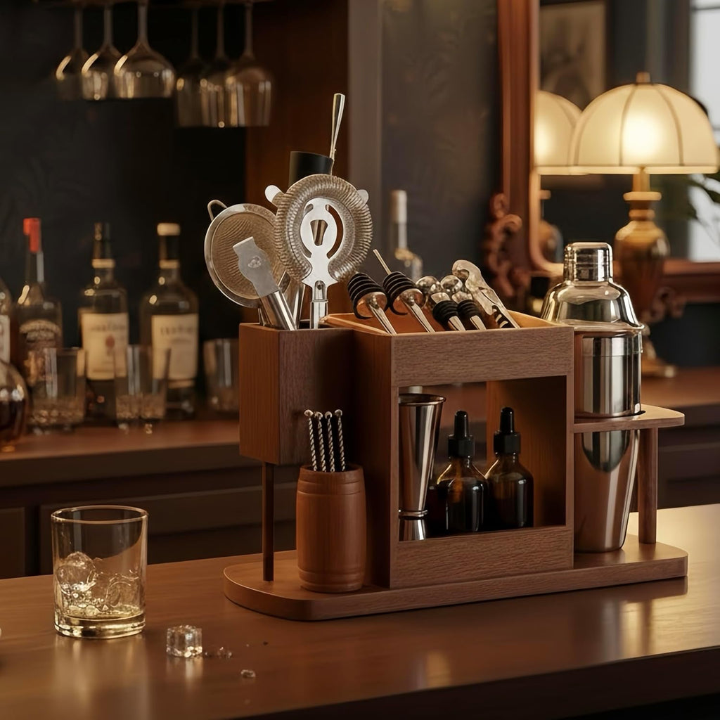 Cocktail Making Dock, 23-Piece Cocktail Shaker Set with Versatile Wooden Stand, Easy Access Stainless Steel Bartender - Set of 23