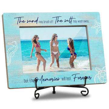 Beach Memories Picture Frame - 'Memories Will Last Forever' Coastal Quote - 8x5.8 Inch Rustic Wood Frame for 4x6