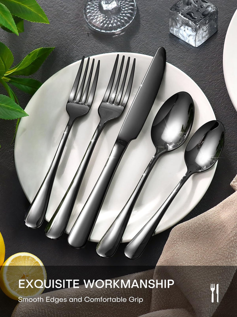Black Silverware Set, 40 Piece Food-Grade Stainless Steel Flatware Set for 8 Include Spoons Knives and Forks Mirror