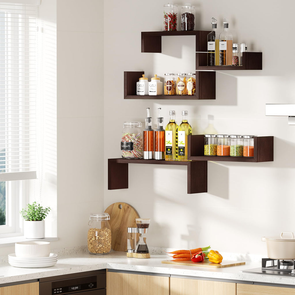 Dark Walnut Floating Shelves, 5-Piece Set Wood Wall Storage Unit
