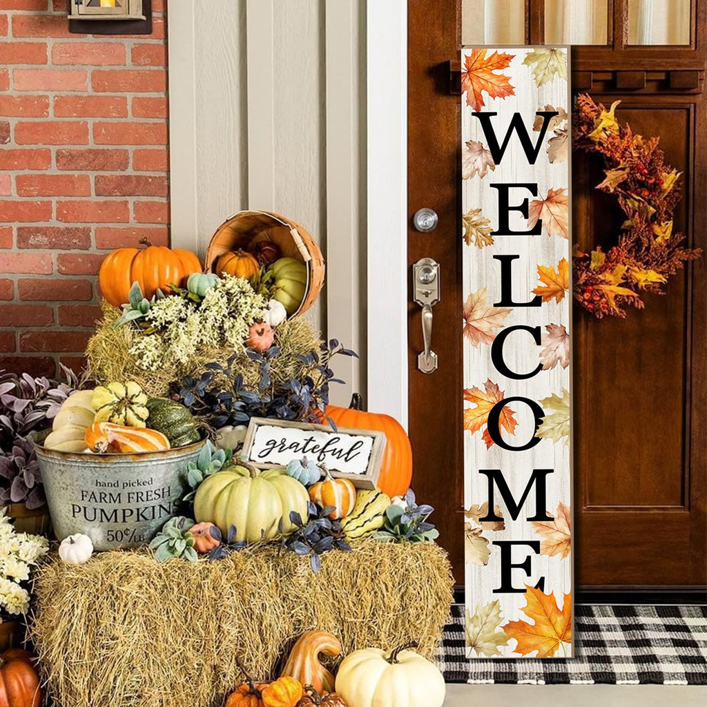 Fall Porch Sign Autumn Maple Leaf Welcome Sign Vertical Standing Sign For Front Porch Decor Farmhouse Wall Hanging