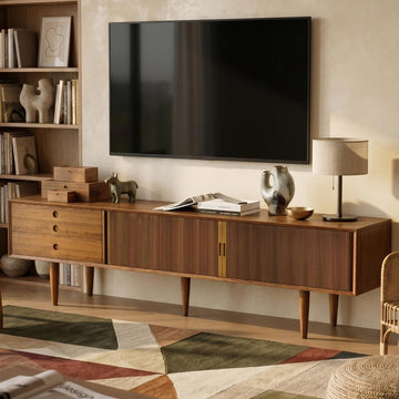 86.61" Solid Wood TV Stand for 85 Inch TV, Mid Century Walnut