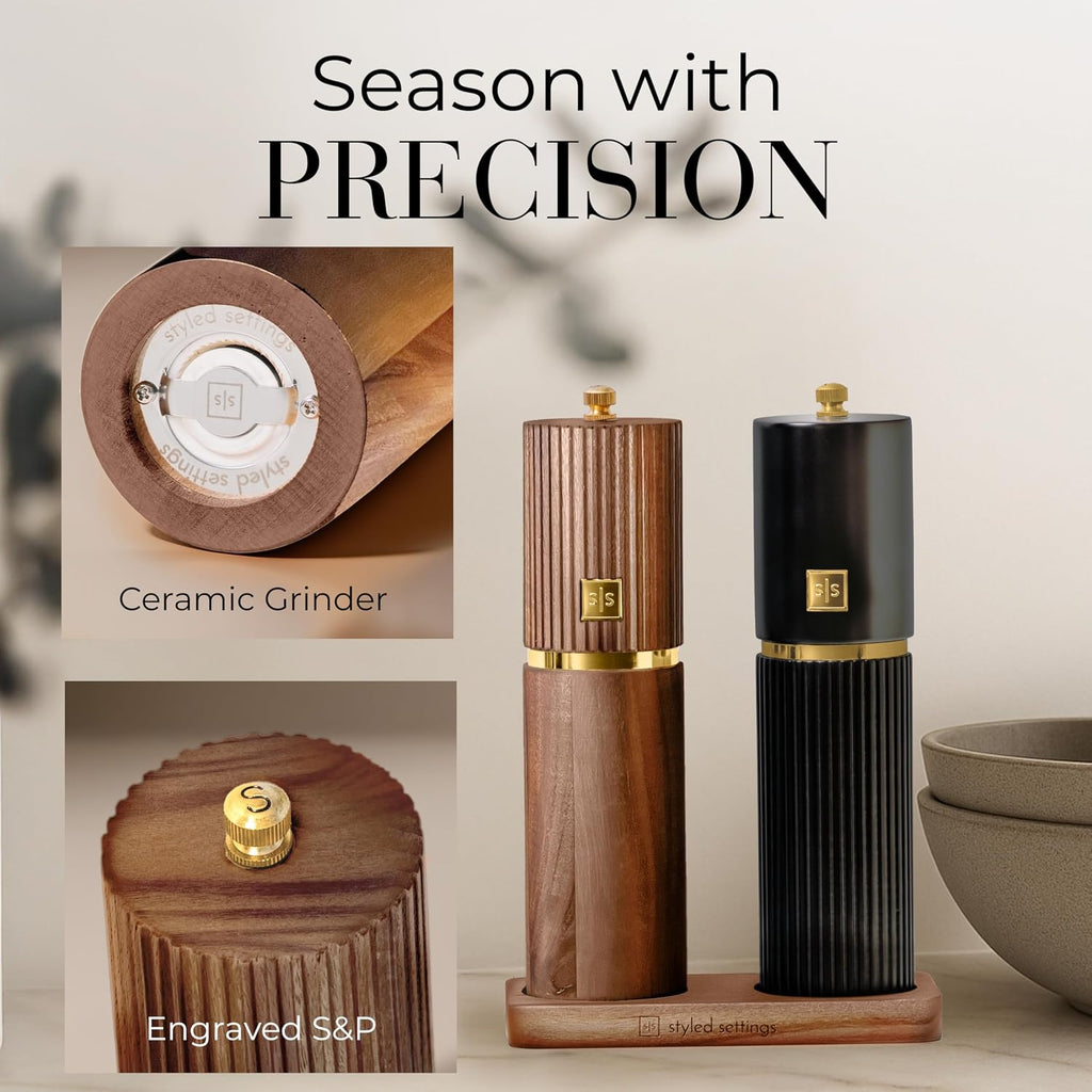 Wooden Salt and Pepper Grinder Set, Black and Dark Wood - Set of 2