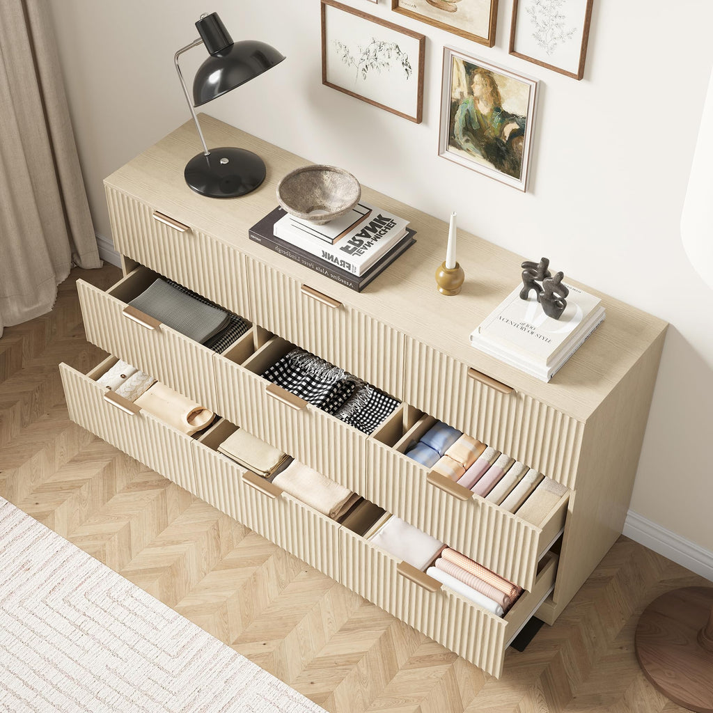 9 Drawer Fluted Dresser, Modern Wooden Chest of Drawers, Wide Storage Cabinet with Smooth Silent Slides, Anti-Tip