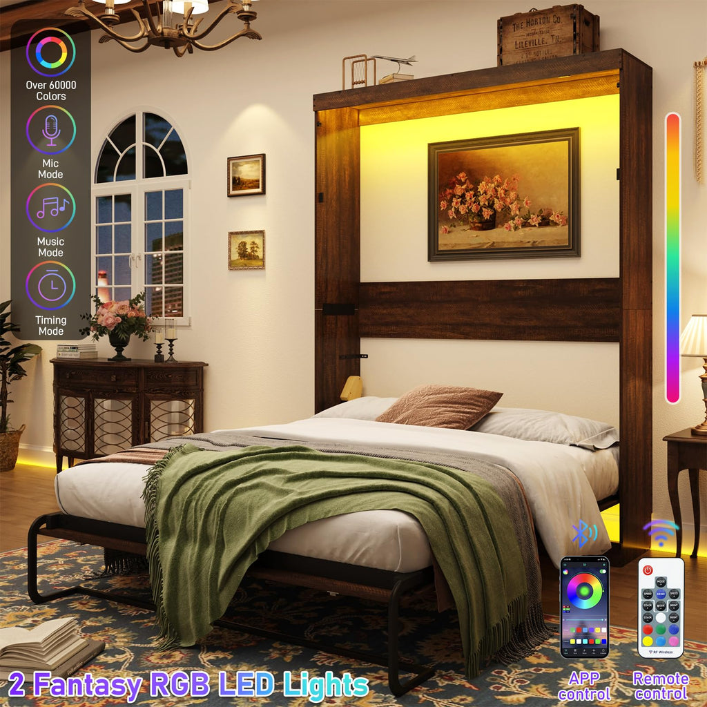 Queen Size Murphy Bed with 2 LED Lights, Farmhouse Wood Hidden Foldable Wall Bed Frame w/Gas Struts, Storage Bed