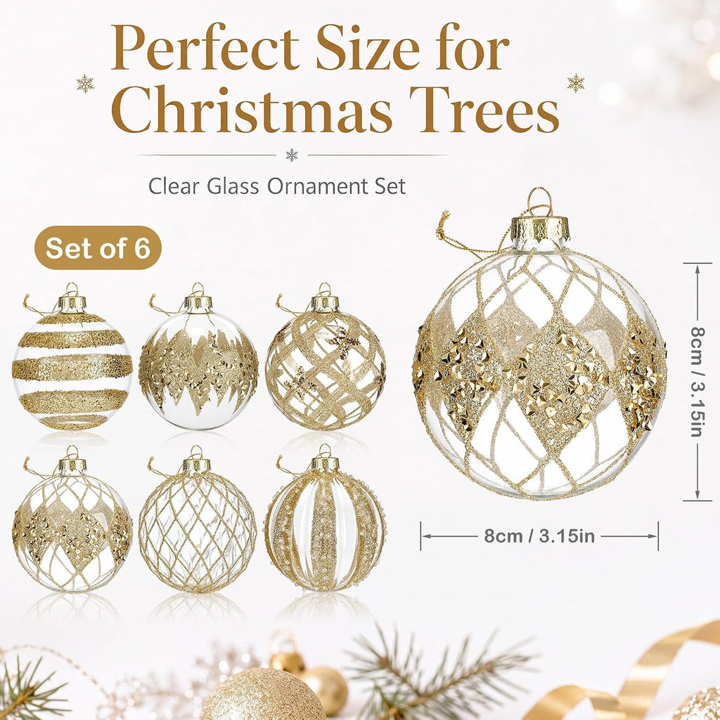 Glass Champagne Christmas Ball Ornaments, 3.15in Glitter Tree Decor - Set of 6