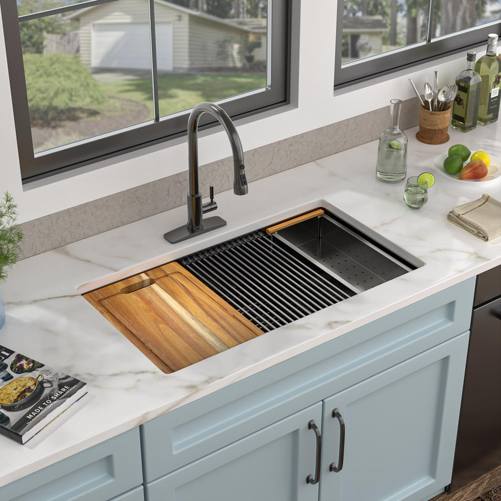 30"x19" Gunmetal Black Undermount Kitchen Sink Ledge Workstation