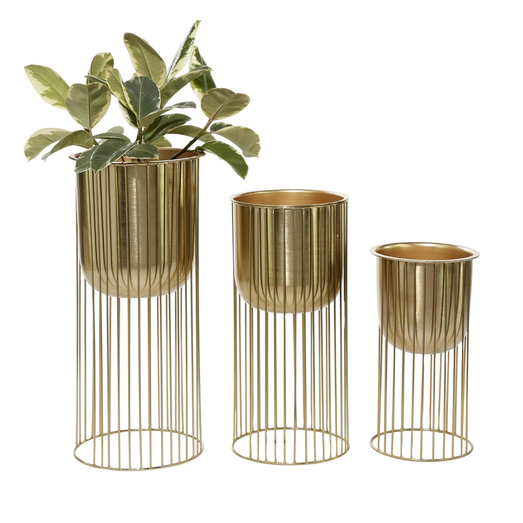 Metal Indoor Outdoor Planter Set of 3, 24", 20", 16"H, Satin Gold