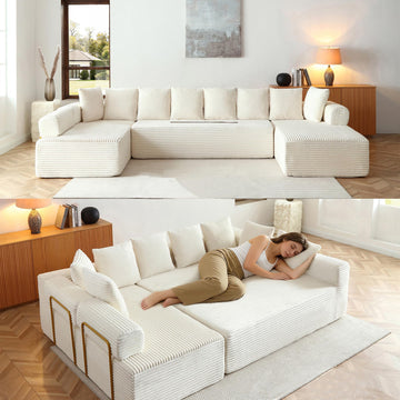 145" Oversized Cloud Boneless Sofa Couch with Double Chaise, Modern Corduroy U Shaped Modular Sectional Sofa with