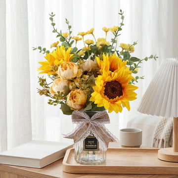 Fake Flowers in Vase, Artificial Flowers with Vase Faux Silk Floral Arrangement Table Centerpieces Decor Dining
