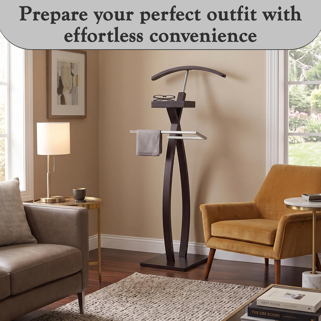 Curved Suit Rack Valet Stand, Clothes Rack, Clothing Organizer, Jacket Hanger, Chrome/Walnut