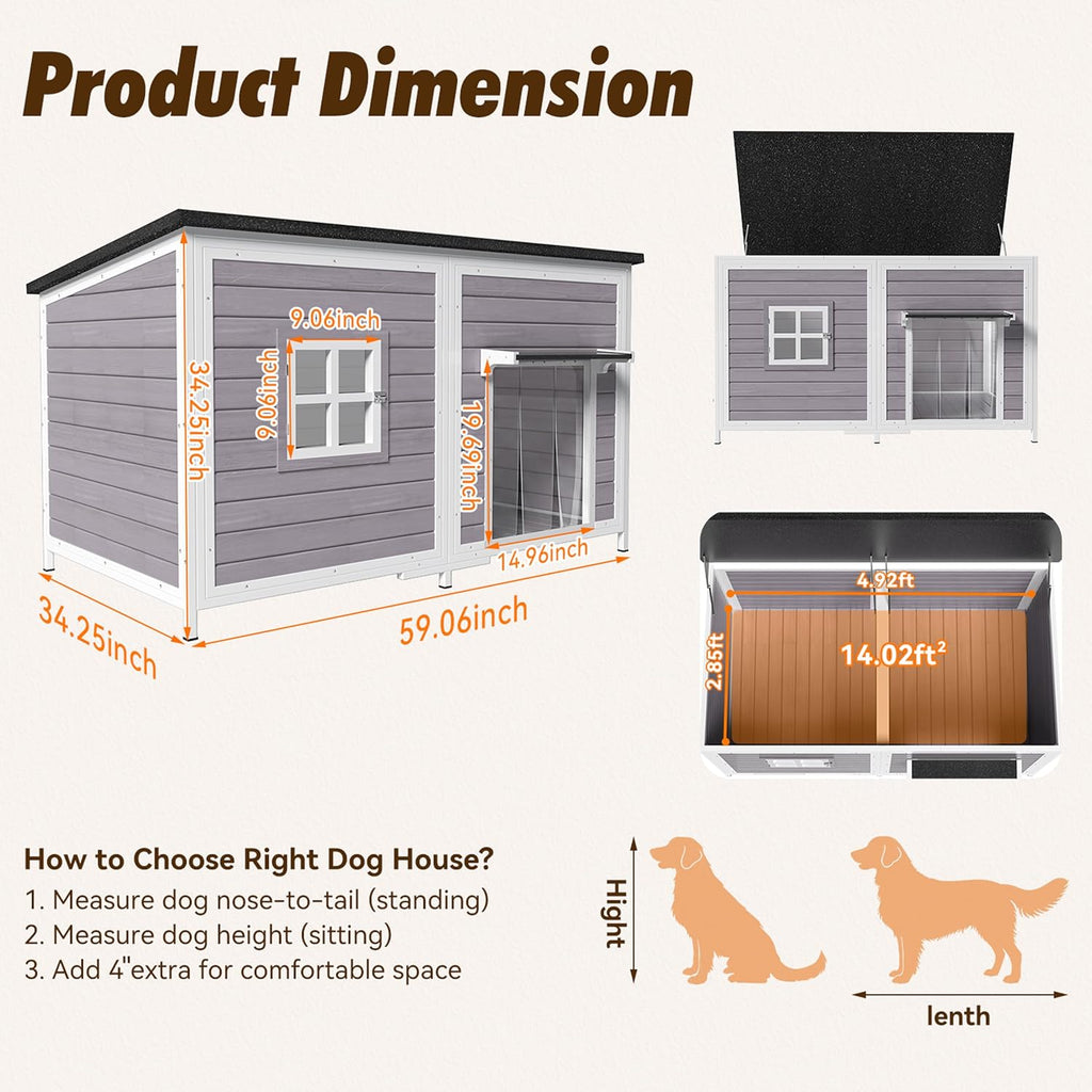 59" Extra Large Wooden Outdoor Dog House, Grey