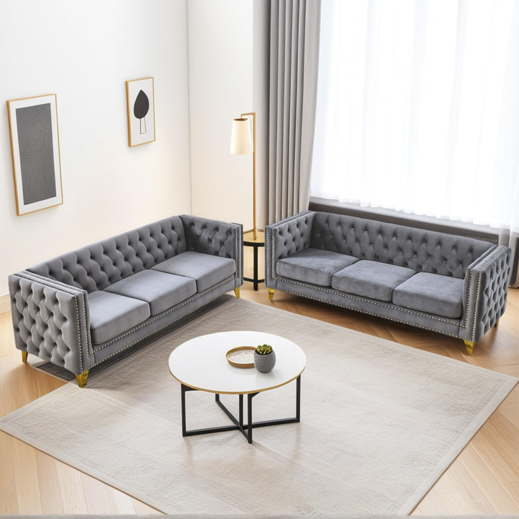 2 Piece Grey 81" 3-Seater Sofa Set, Buttons Tufted and Square Arm, Inlaid Gold Nail Heads and 4 Golden Metal Legs