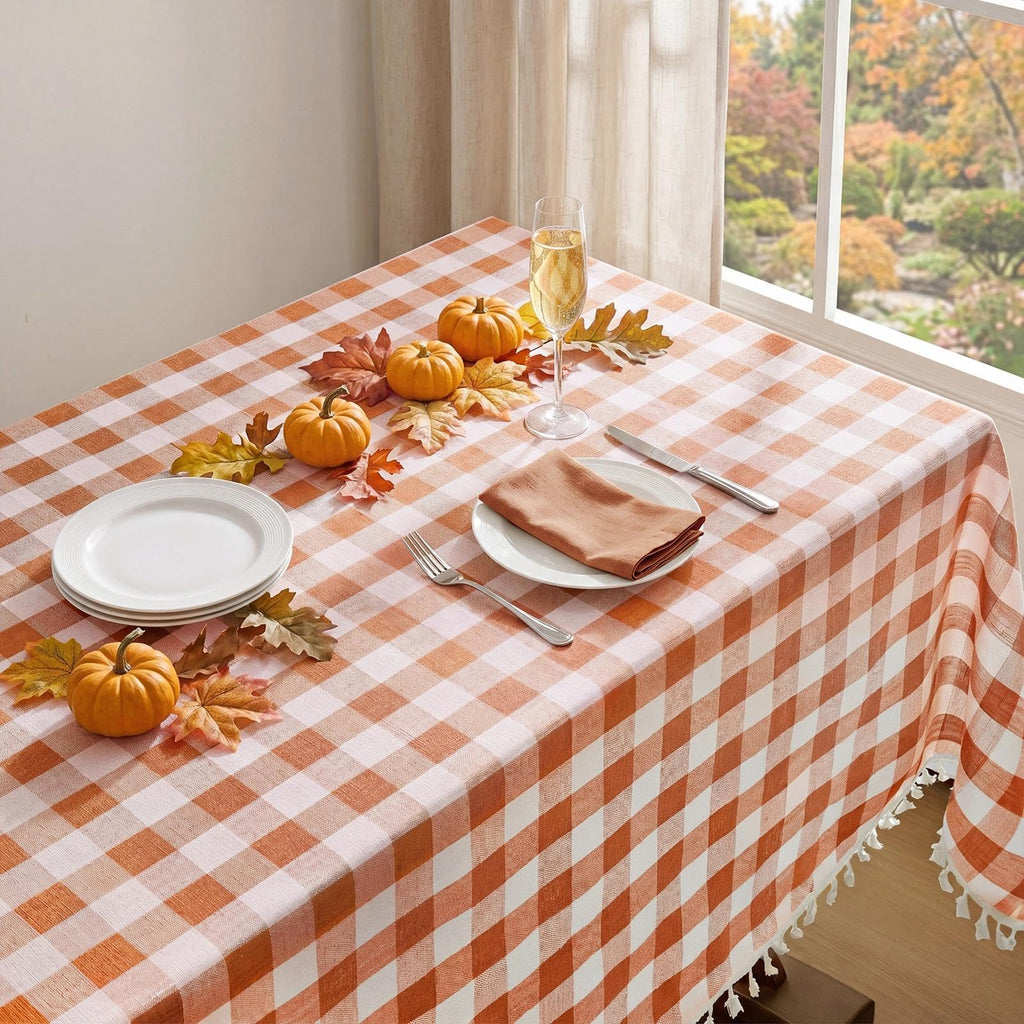 Fall Gingham Rectangle Tablecloth with Tassel, Orange, 55" x 84"