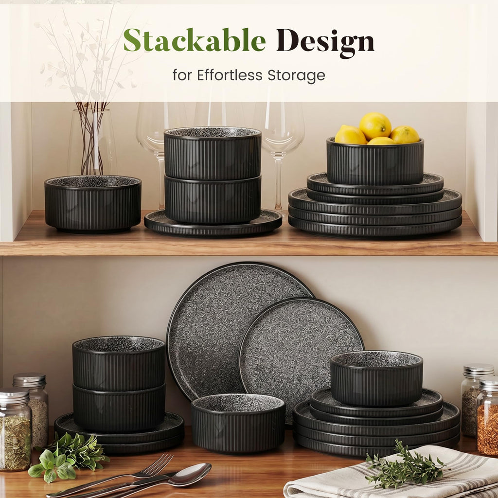 Stoneware Dinnerware Set for 4, Ribbed Plates and Bowls
