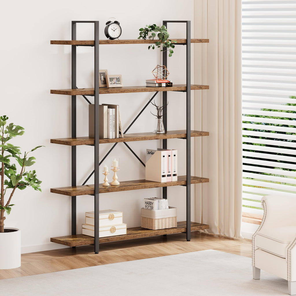 Rustic Wood Bookshelf, 5 Shelf Bookcases with Storage, Rustic Brown
