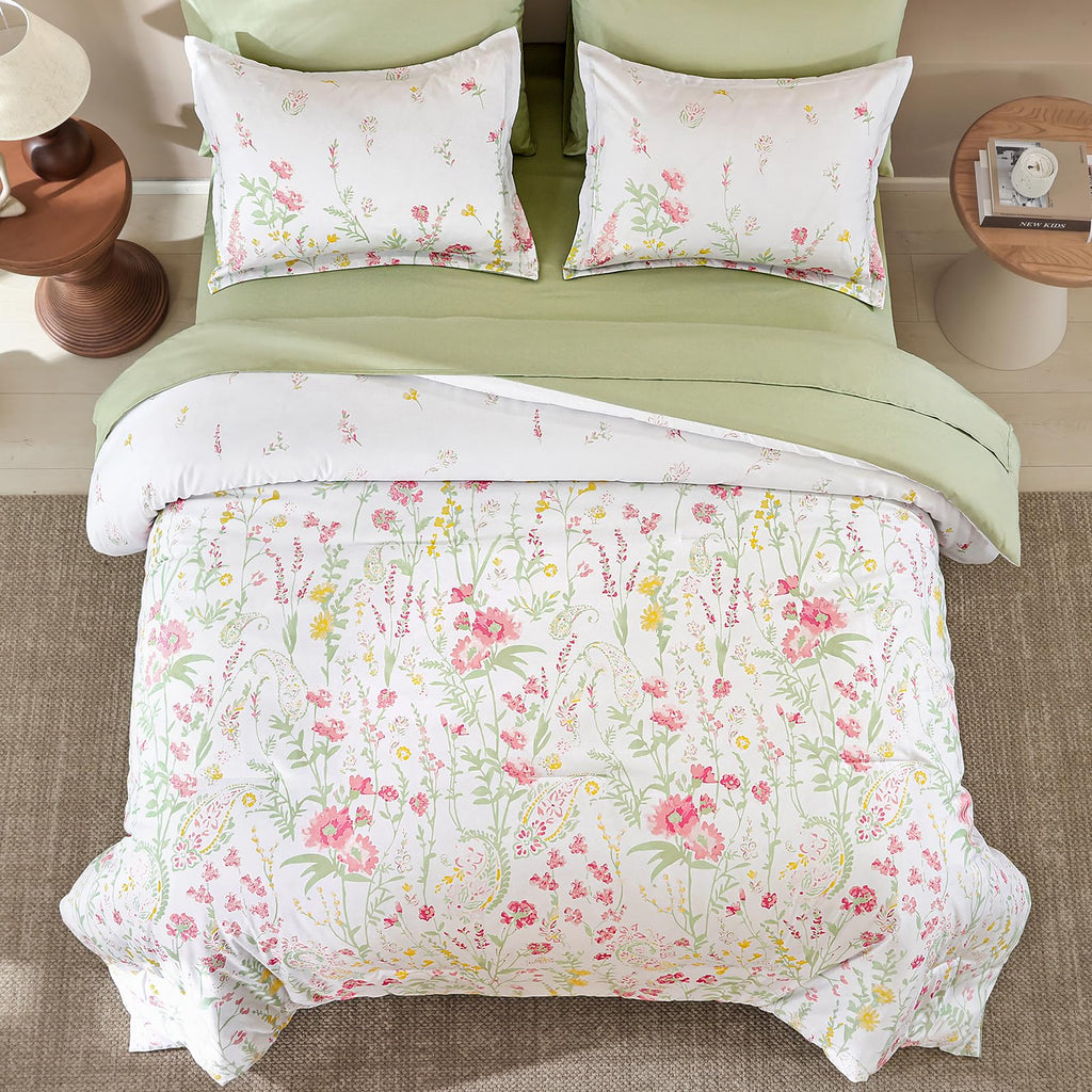 7 Piece Pink Green Floral Comforter Set, Cute Botanical Comforters Lightweight Coquette Bedding Set Flower
