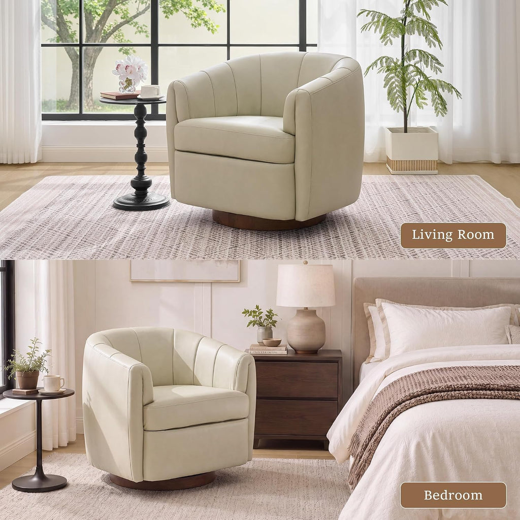 Swivel Accent Chair, PU Leather Barrel Armchair with Wood Base, Cream