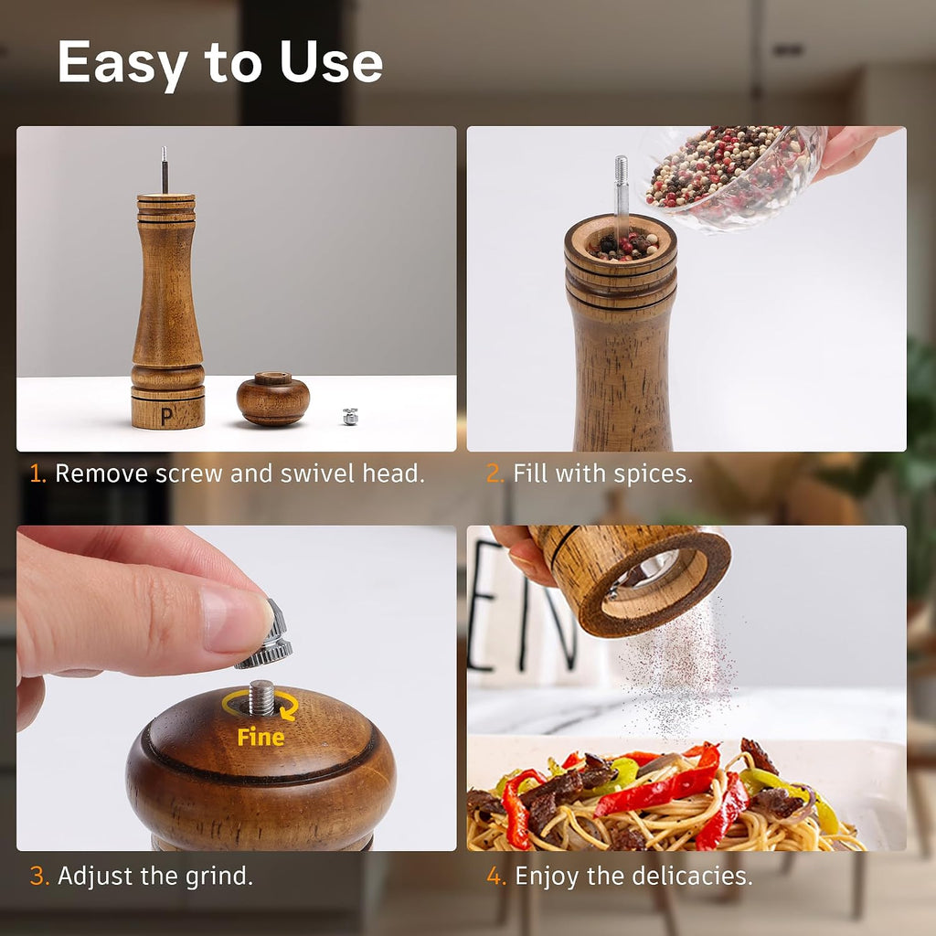 Wooden Salt and Pepper Grinder Set, Premium Oak Wood Salt Grinders Shakers, Manual Pepper Mill with S and P - Set of 2