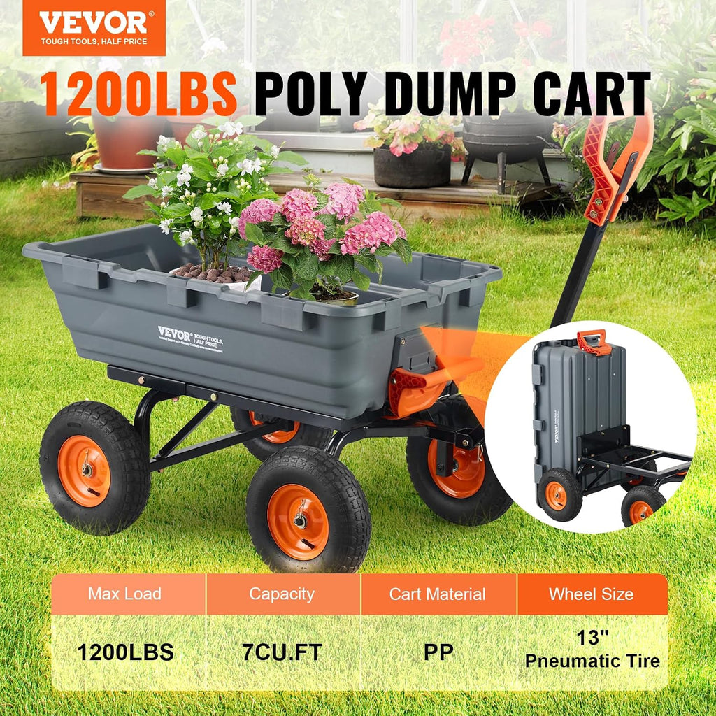 Heavy Duty 1200lbs 7 Cu.Ft Wheelbarrow Garden Dump Cart Wagon | For ATV Mower Tractor, 2-in-1 Convertible Handle to