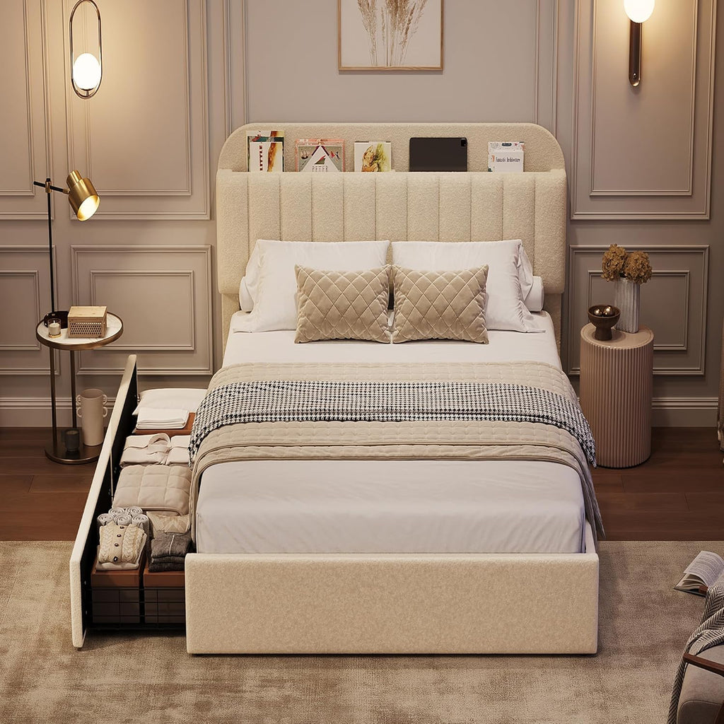 Twin Bed Frame, Platform Bed with Storage Headboard & Drawers | Boucle Upholstered Bed Frame for Kids, Bookcase