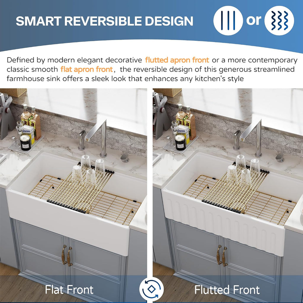 30 White Farmhouse Sink Reversible Workstation, Farm Apron Front Kitchen Sink 30x20 inch White Porcelain Ceramic