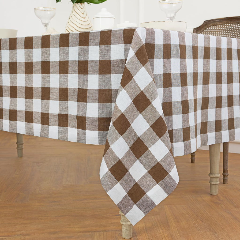 Linen Buffalo Plaid Tablecloth, 60x108 In, Brown and White
