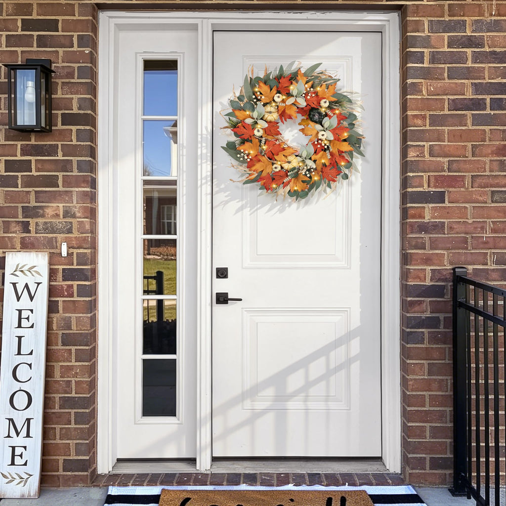 Realistic Fall Wreath with Lights/Timer 24 inch Fall Wreaths for Front Door with Pumpkins Autumn Wreath for