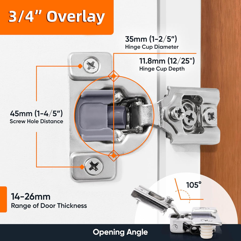 4 Pack Soft Close Cabinet Hinges - 7/16" Overlay Doors, Face Frame Concealed Hidden Hinges - Stainless Steel