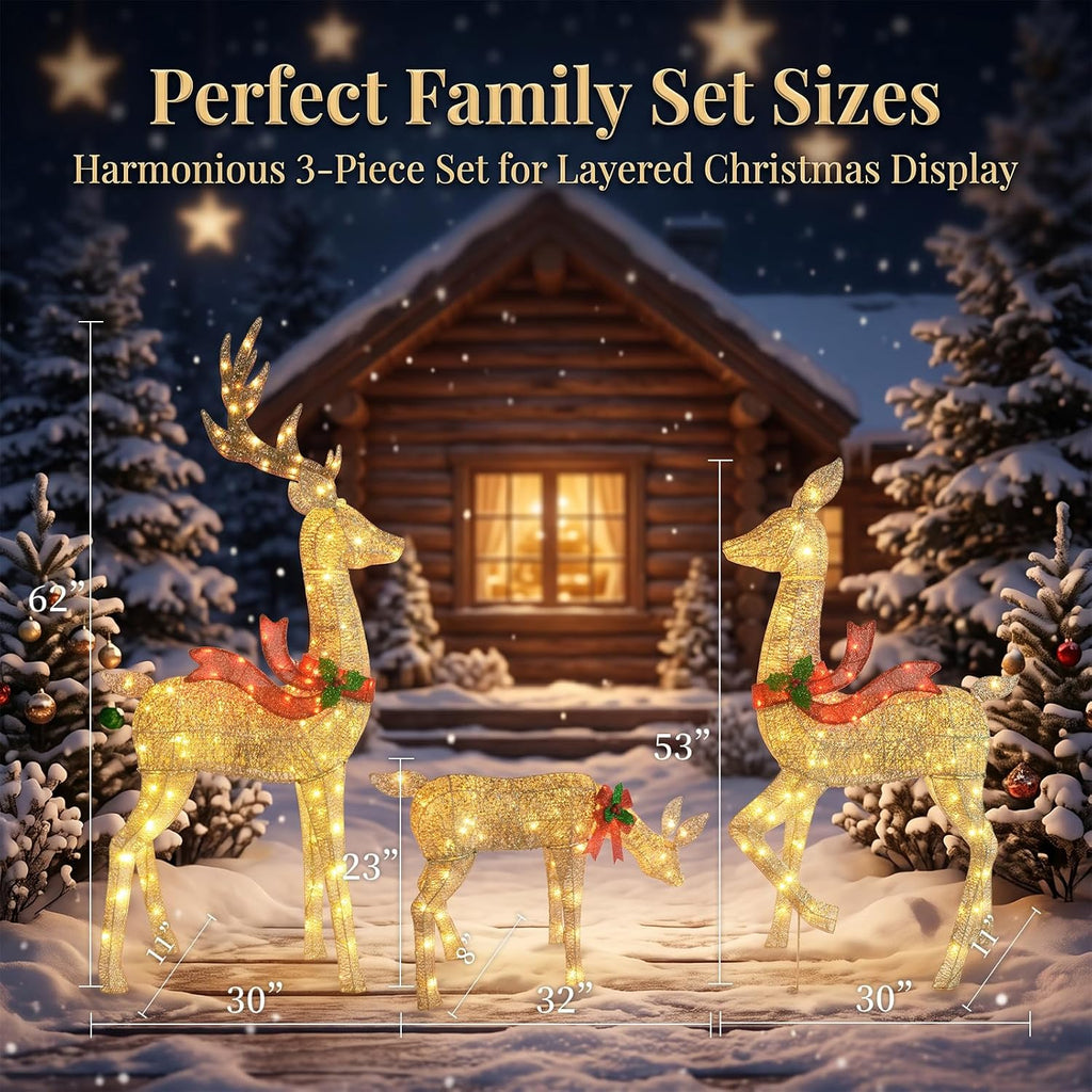 5.2FT Animatronic Christmas Reindeer Family Set - 3Pcs Large Lighted Christmas Deer with 300 LEDs & 3 Motors, Moving