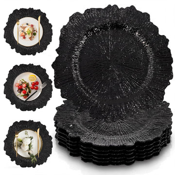 100 Pcs Black Charger Plates Bulk, 13" Black Reef Charger Plates for Wedding, Thanksgiving, Christmas, Plastic