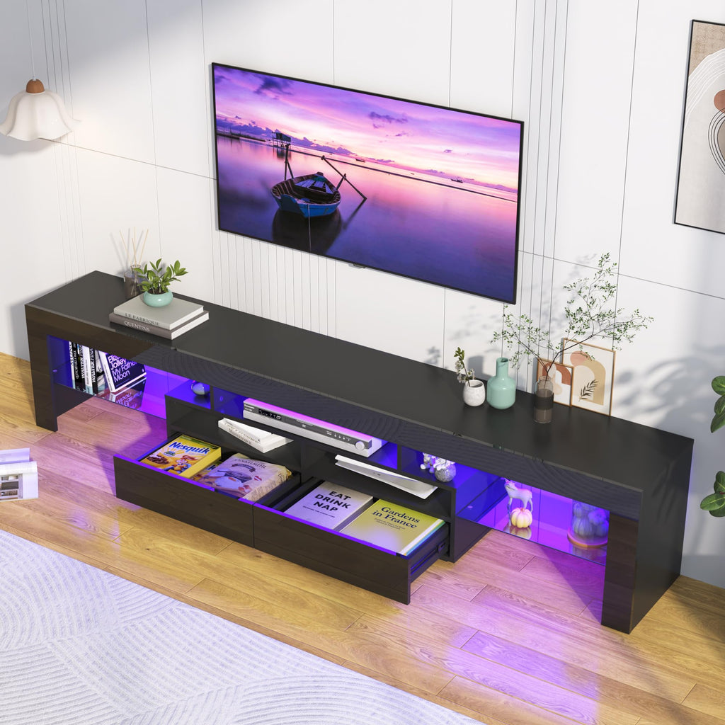 86.6in TV Stands for 85/90/95 inch TV, Modern LED, Black TV Stands, High Gloss TV Entertainment Center with Storage