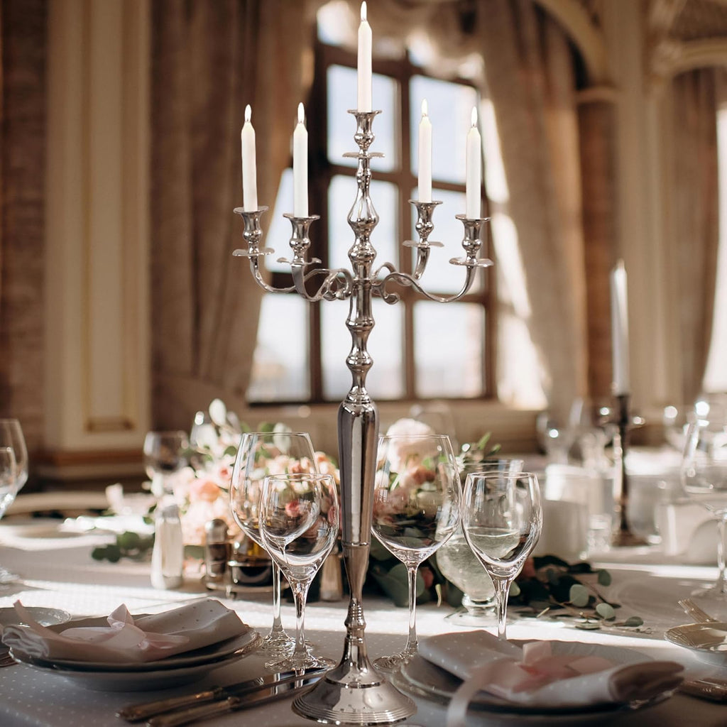 Romantic Hamptons Oversized 5 Candle Silver Candelabra | Hand Crafted Silver Aluminum Nickel, 41.25 Inches High, Over