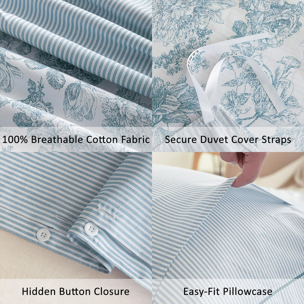 Vintage 100% Cotton Duvet Cover Queen 3PC - Elegant Pale Slate Blue Floral Pattern on White with Light Blue & White
