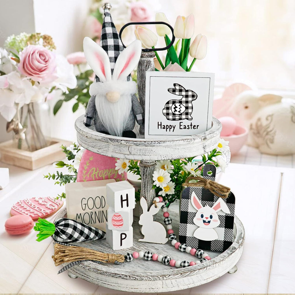 Easter Tiered Tray Decorations Spring Easter Bunny Gnome Decor, Buffalo Plaid Easter Gnome Plush Black Check - Set of 8