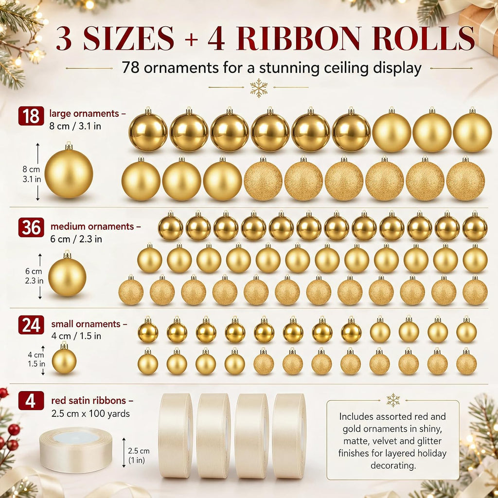 78 Pcs Christmas Ball Ornaments Ceiling Hanging Decor, Beige