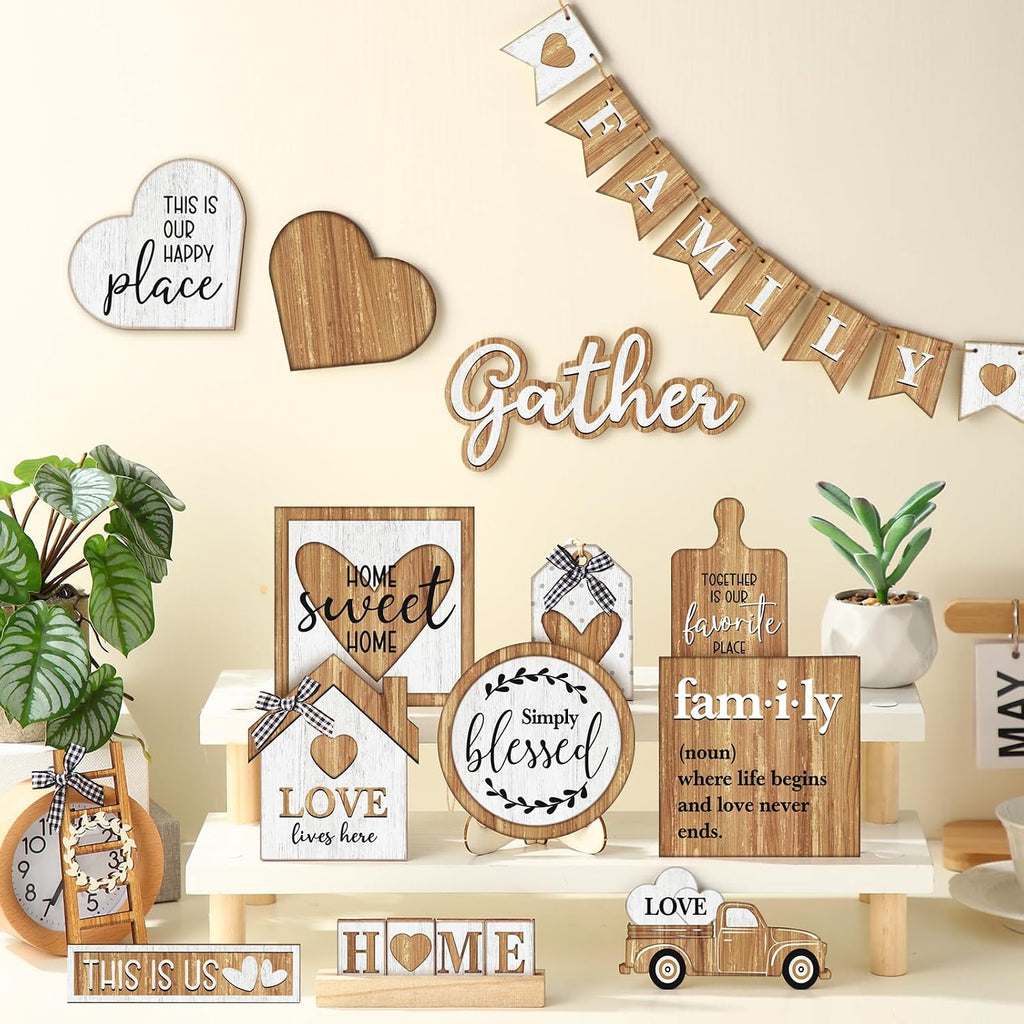 Farmhouse Tiered Tray Decor Rustic Wood Tabletop Signs Table Decor - Set of 21