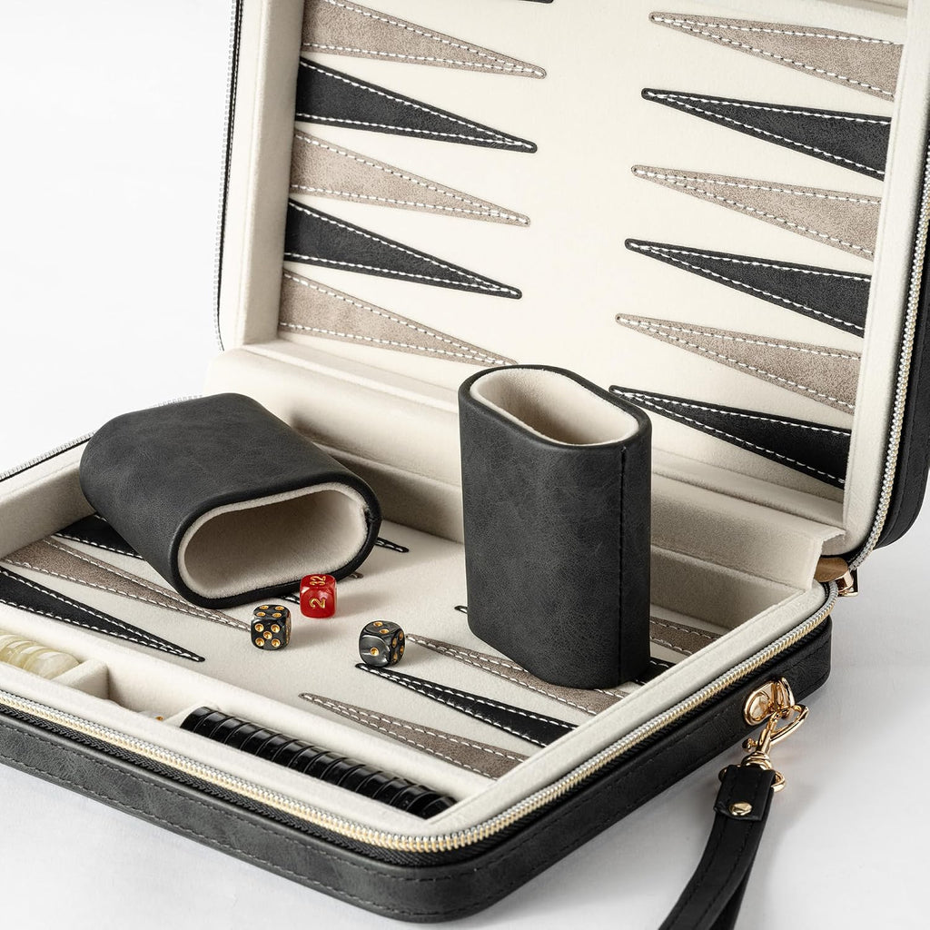 Backgammon Sets for Adults and Kids, Classic Backgammon Board with Unique Checkers Dice, Folding Faux Leather