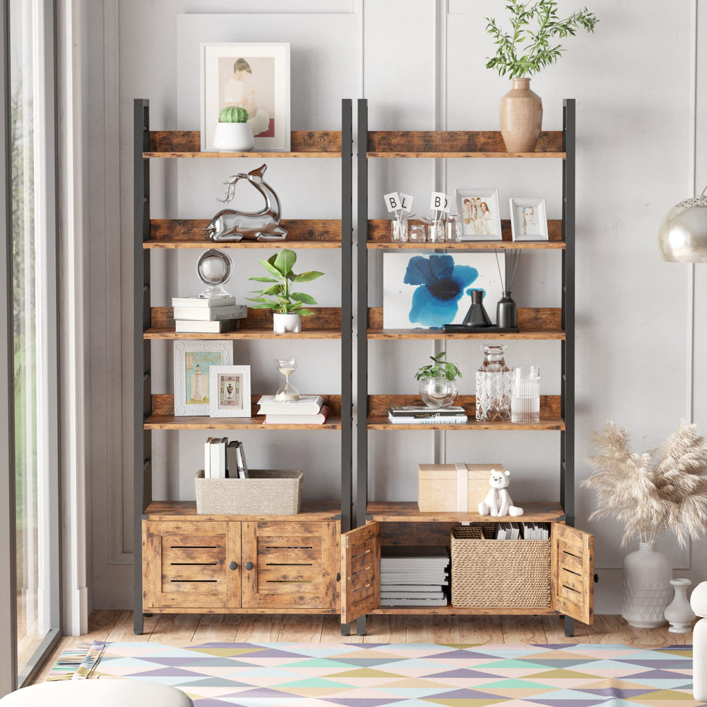 4 Tier Ladder Bookcase with Louvered Doors Rustic Brown